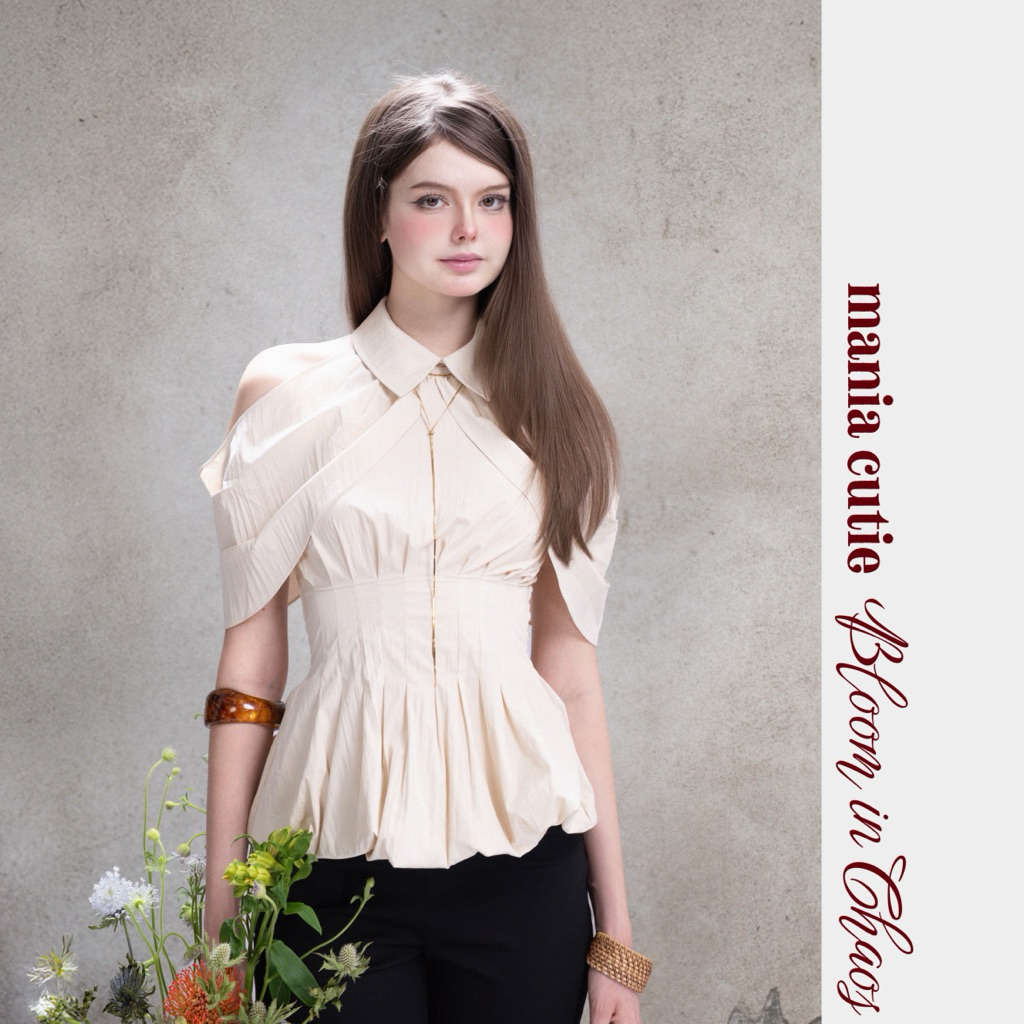 Whimsy top | Áo sơmi kiểu vai mở chất gió nhăn Mania Cutie