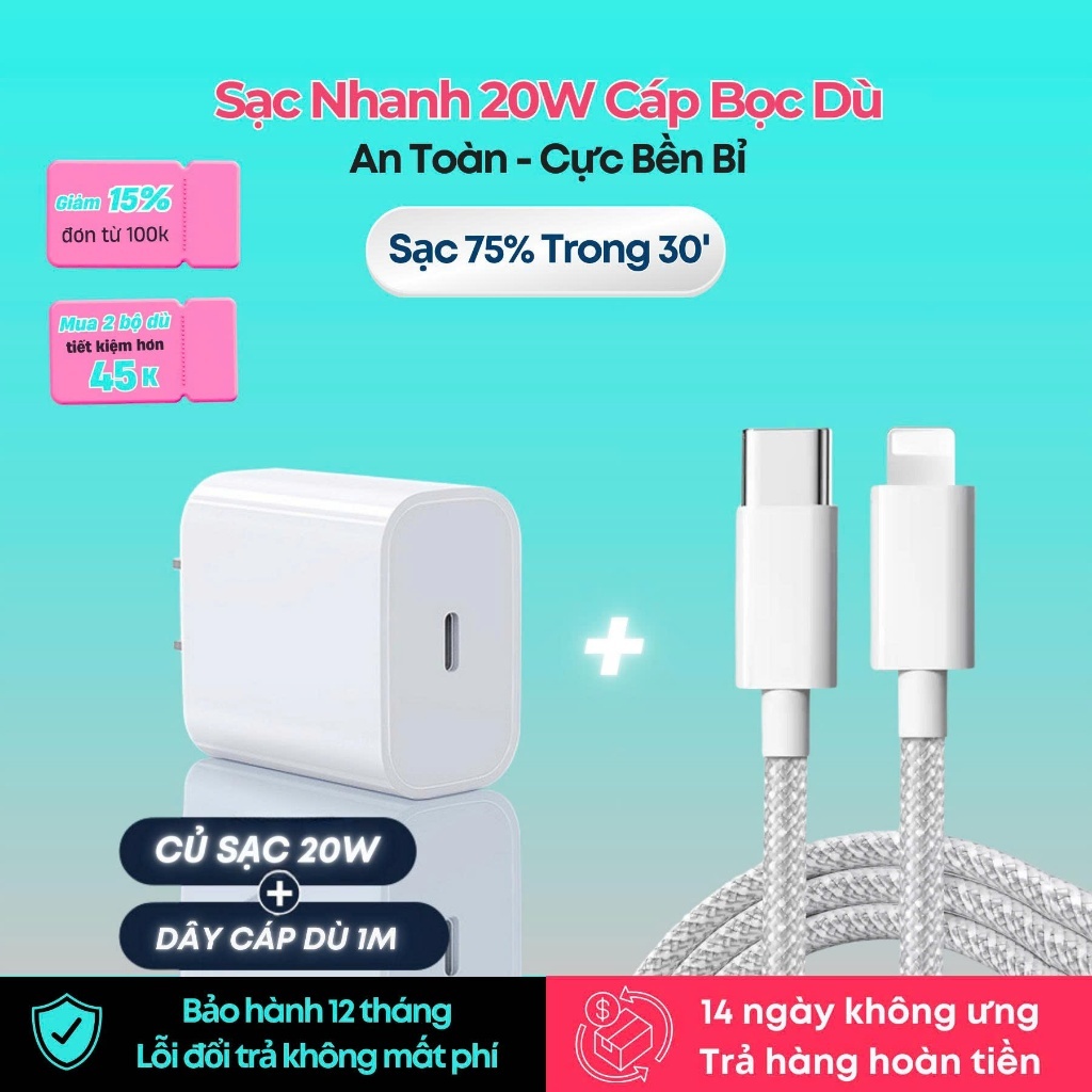 Bộ Củ Cáp Sạc Nhanh 20W Exsmart Củ Sạc PD20W Dây sạc dù chống gãy gập An Toàn Ổn Định Bảo Vệ Thiết B