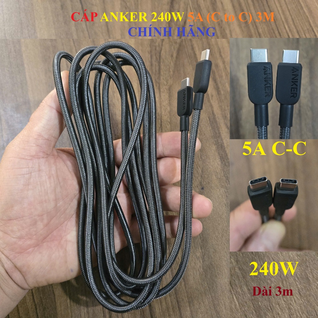 Cáp Sạc Siêu Nhanh Anker 240W 5A (C-C), Dài 3M, Cáp Dù, Sạc Laptop, Điện Thoại
