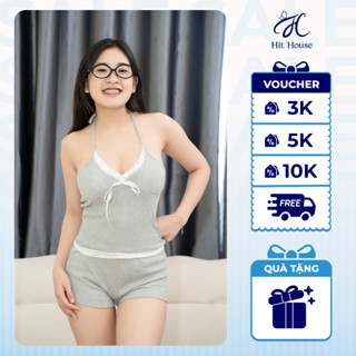   CÓ MÚT  Set Bộ Đồ Ngủ Nữ In Hoa Nhí Áo Cổ Yếm Viền Ren Đính Nơ Kèm Quần Mini Chất Cotton Thông Hơi | HITSE041 