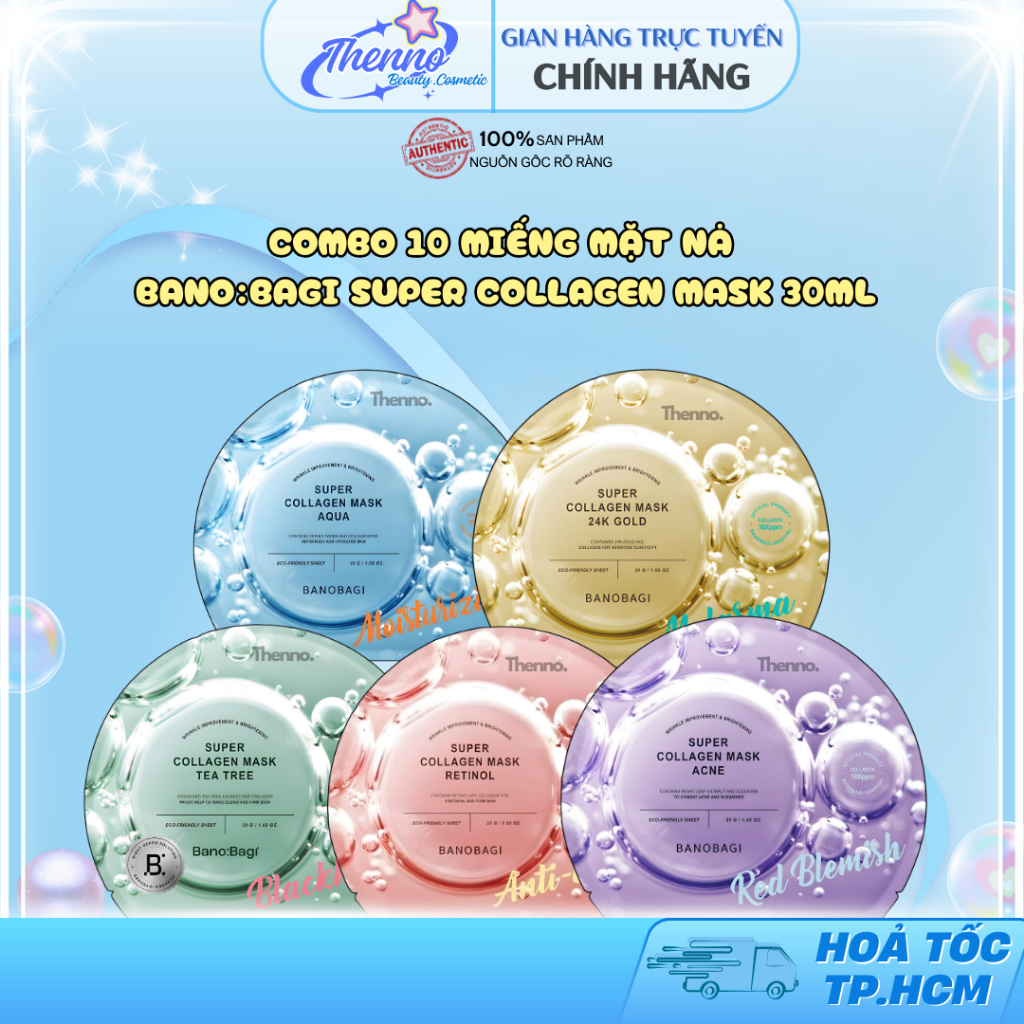 Combo 10 Miếng Mặt Nạ Bano:Bagi Super Collagen Dưỡng Da Chuyên Sâu Dành Cho Mọi Loại Da 30mlx10 Hàn 