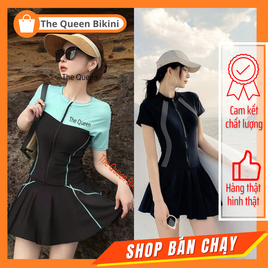 Đồ bơi nữ Hàn Quốc kín đáo bikini dáng váy đi biển có dây khóa kéo màu đen phối màu phong cách trẻ trung The Queen 089
