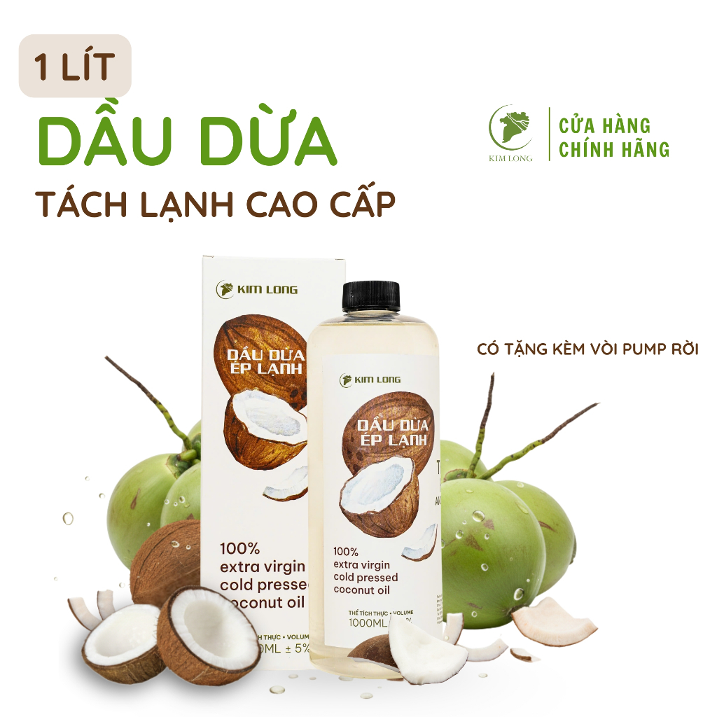 1 Lít - Dầu Dừa tách lạnh cao cấp, dầu dừa nguyên chất 100% - Dầu dừa Kim Long