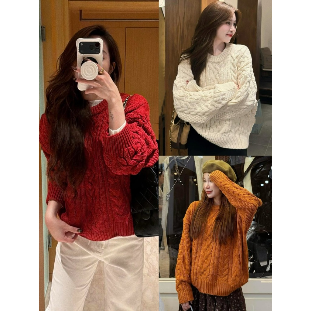ÁO LEN CỔ TRÒN VẶN THỪNG TO 2 MÀU BASIC KEM/ĐỎ STYLE HÀN QUỐC PHÙ HỢP MÙA ĐÔNG 2025 - DÀNH CHO NỮ