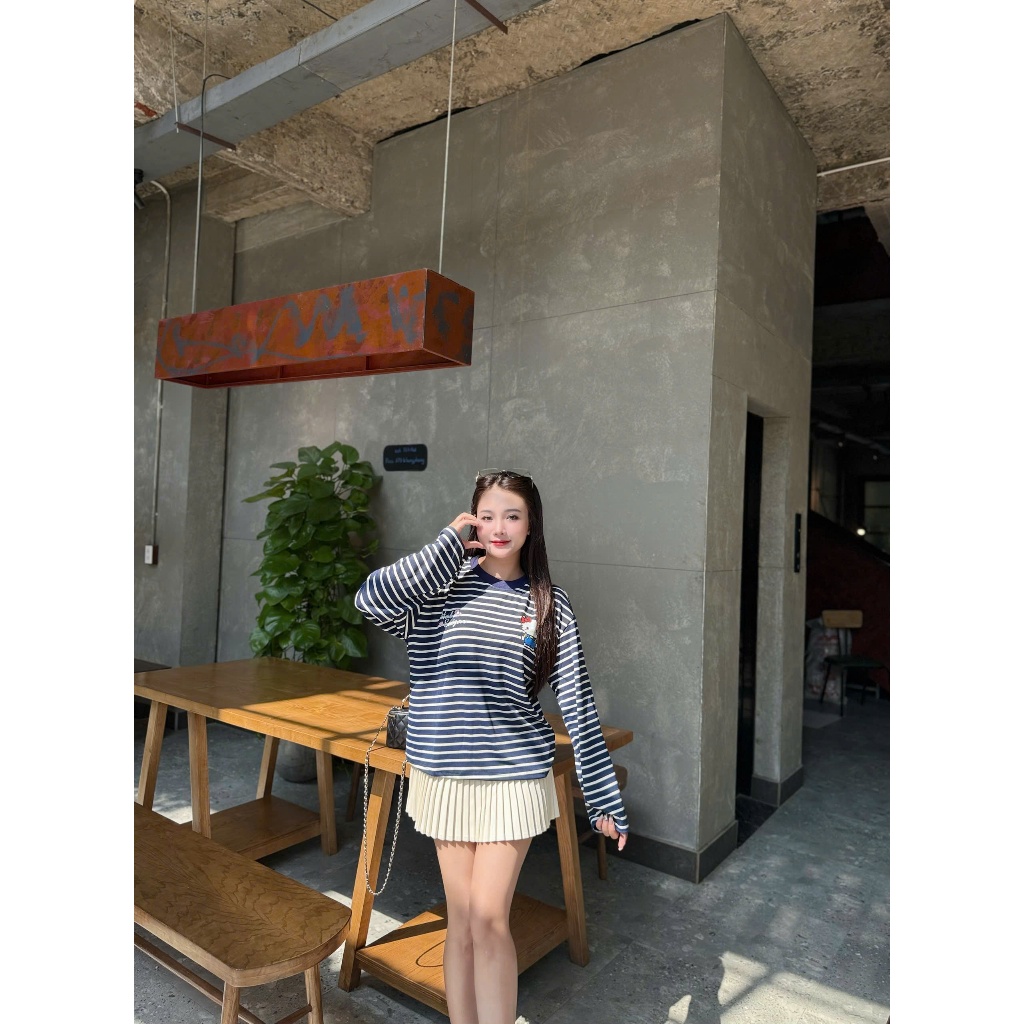 HABO.STORE18 Áo Thun Tay Dài Sọc Ngang Thun Bozip QC Long Sleeve Boxy Form Rộng Cổ Tròn Hello Kitty Unisex Nam Nữ Basic | BigBuy360 - bigbuy360.vn