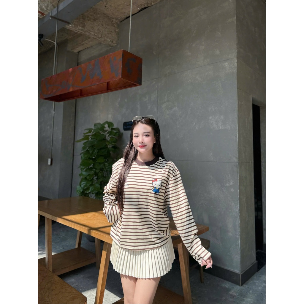 HABO.STORE18 Áo Thun Tay Dài Sọc Ngang Thun Bozip QC Long Sleeve Boxy Form Rộng Cổ Tròn Hello Kitty Unisex Nam Nữ Basic | BigBuy360 - bigbuy360.vn