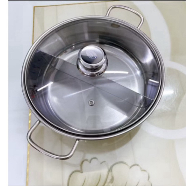 Nồi lẩu inox 2 ngăn, nồi lẩu 2 ngăn nắp kính nấu được bếp từ và bếp ga