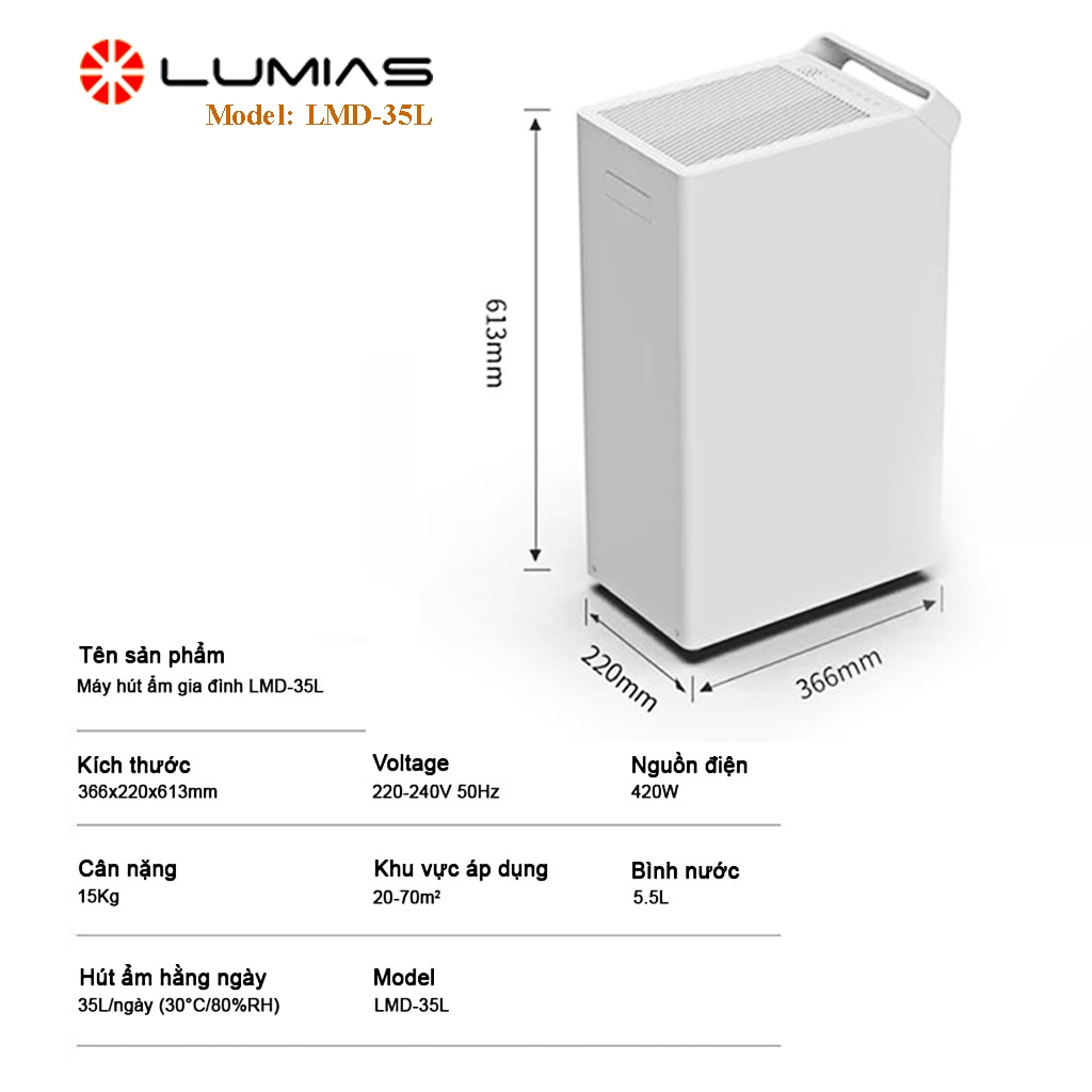 Máy hút ẩm Lumias 35L diện tích hút ẩm đến 70 m2 LMD-35L