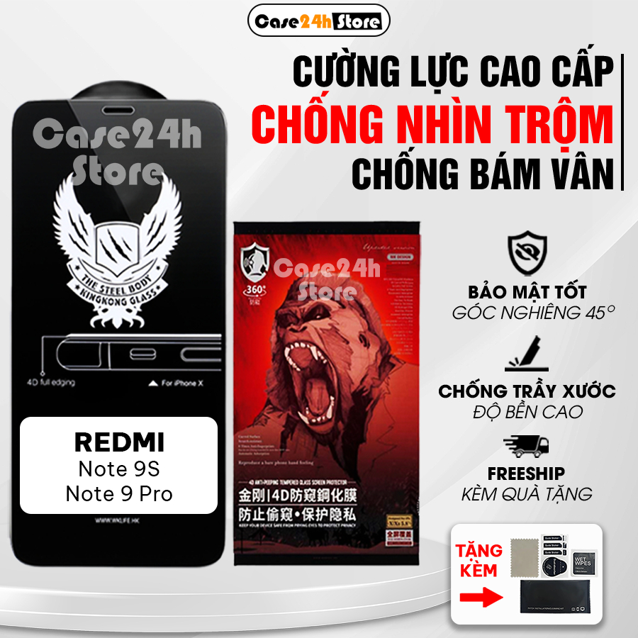 Cường lực Redmi Note 9, 9 Pro, 9S chống nhìn trộm full màn, chống ánh sáng xanh | Case24h_Store