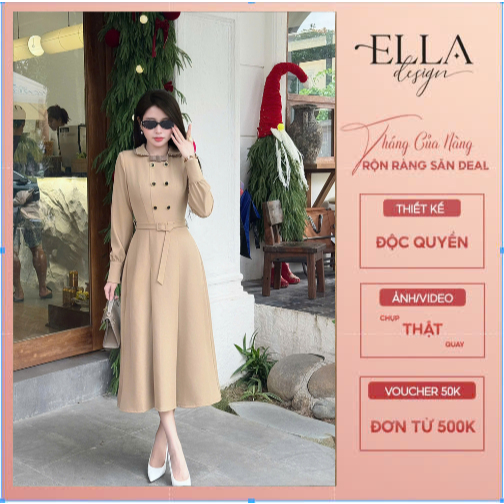 Váy Đầm Thiết Kế Ella Desgin nữ kiểu dáng midi cổ bẻ kèm blet may liền theo váy phù hợp mặc đi làm ,