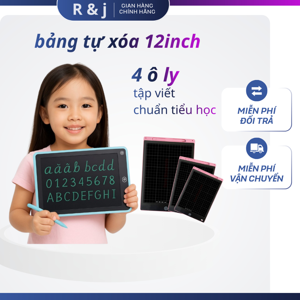  Bảng Viết Điện Tử LCD 12 Inch Ô Ly – Bảng Vẽ Tự Xóa Đa Màu – Tập Viết & Tập Tính Cho Bé | R&J 