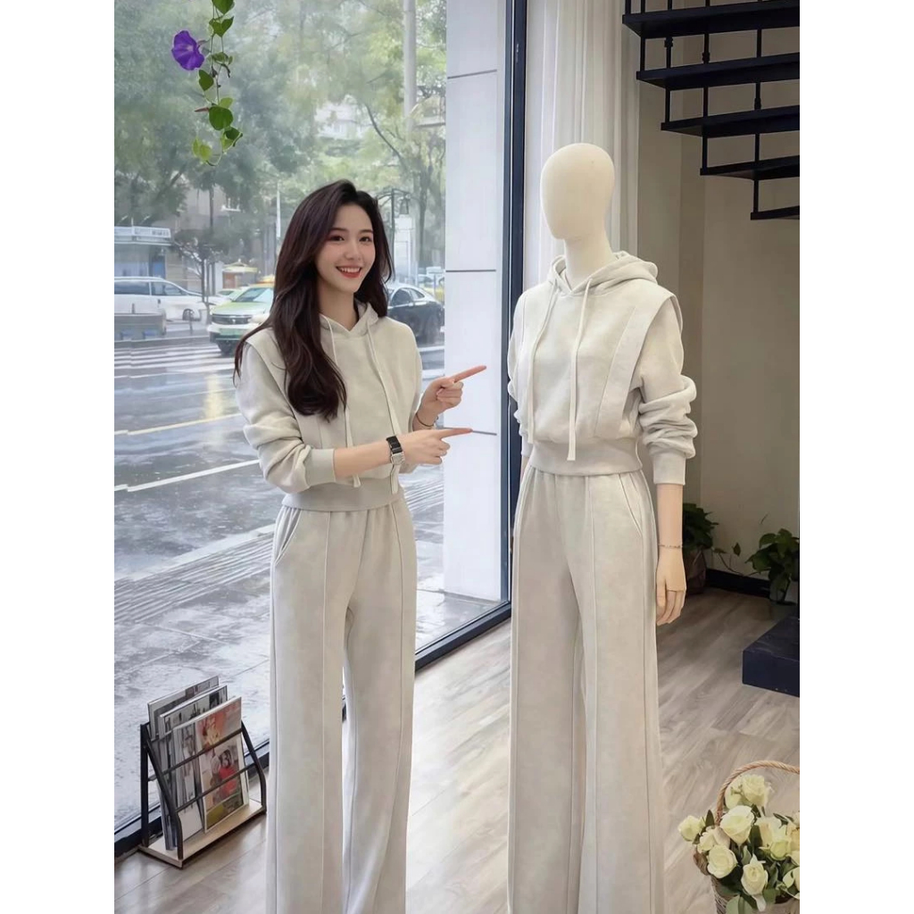 Bộ Áo Hoodie Nỉ Có Mũ, Quần Ống Đứng, Thời Trang Nữ Thu Đông,Sét Đồ Bộ Áo Hoodie Nữ Chất Nỉ 2 Da Cao