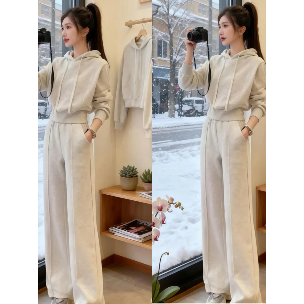 Bộ Áo Hoodie Nỉ Có Mũ, Quần Ống Đứng, Thời Trang Nữ Thu Đông,Sét Đồ Bộ Áo Hoodie Nữ Chất Nỉ 2 Da Cao