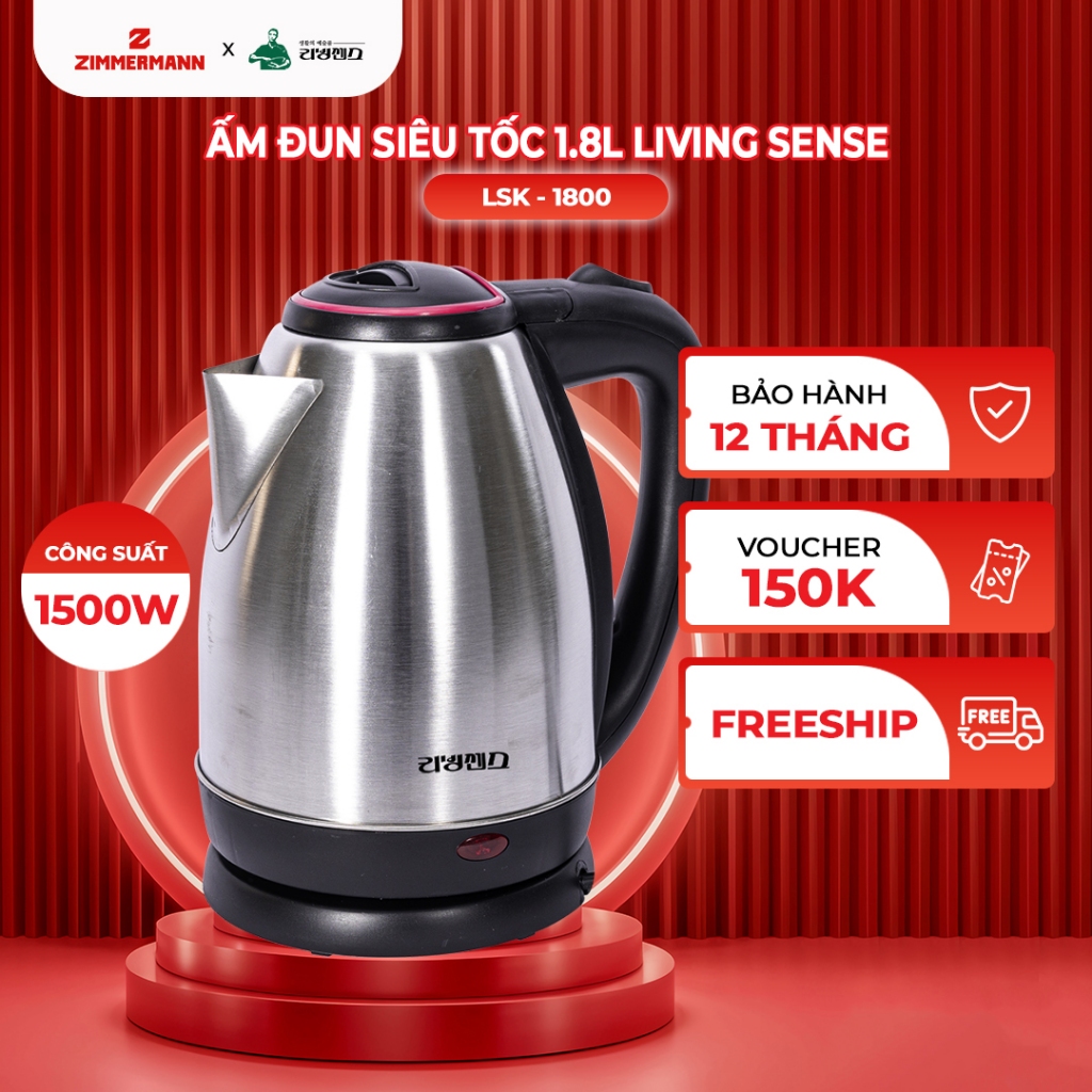 Ấm đun siêu tốc 1.8L Zimmermann - 1500W, dây rời, ngắt nhiệt tự động, inox an toàn, BH 12 tháng