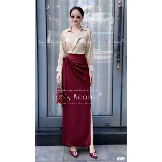  G109 LEOSWEARING Set lụa dubai áo sơ mi cổ chéo be mix Chân váy thắt nơ xẻ tà đỏ 