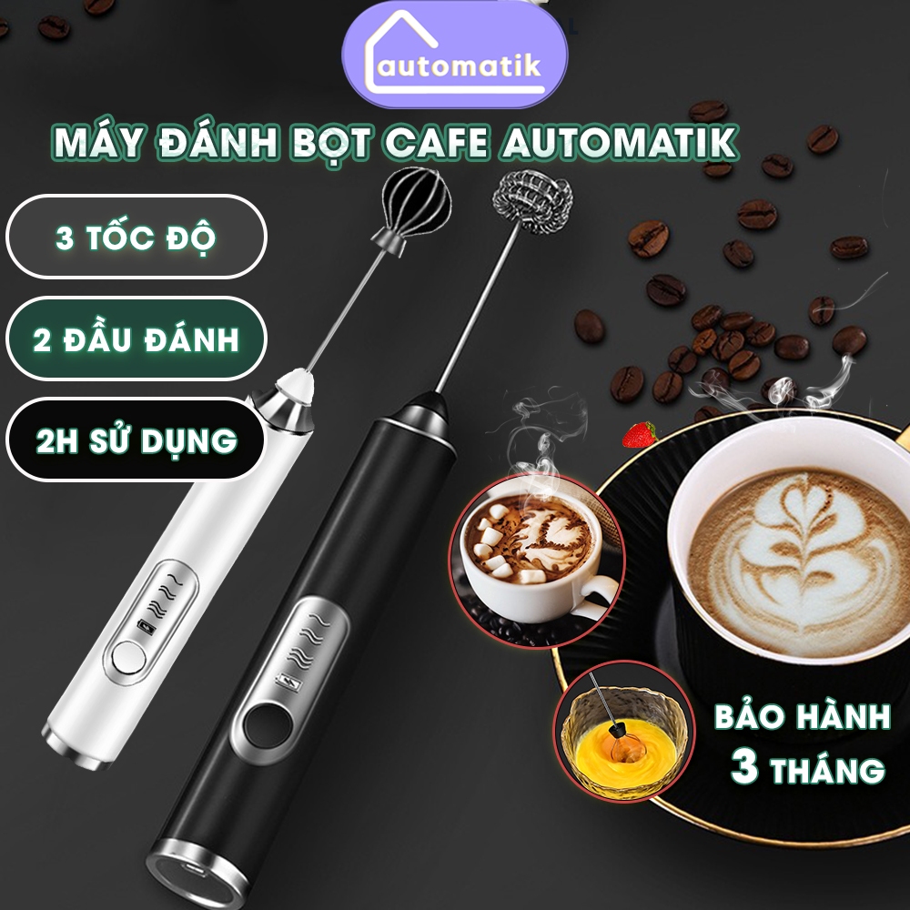 Máy Đánh Tạo Bọt Cà Phê Automatik Đánh Cafe Trứng Mini Sạc Điện Cầm Tay 3 Tốc Độ 2 Đầu Mịn