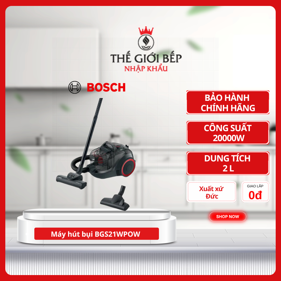 Máy hút bụi dạng hộp Bosch BGS21WPOW – Lực Hút Mạnh, Bộ Lọc HEPA, Vận Hành Êm Ái