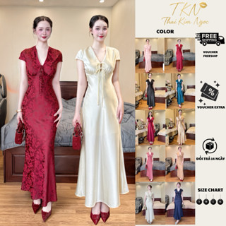  Đầm dự tiệc lụa may 2 Lớp cổ V tay con cột nơ ngực VELIA DRESS dài 130cm 