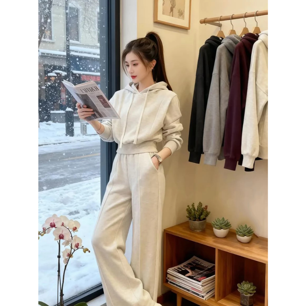 Bộ Áo Hoodie Nỉ Có Mũ, Quần Ống Đứng, Thời Trang Nữ Thu Đông,Sét Đồ Bộ Áo Hoodie Nữ Chất Nỉ 2 Da Cao