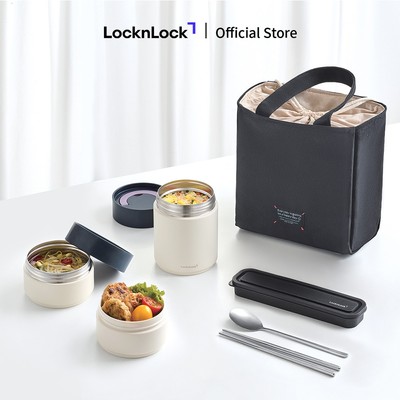 Bộ hộp cơm giữ nhiệt LocknLock All-Fit Lunch Box LHC8014IVY (230ml*1, 310ml*1, 480ml*1, bộ đũa và thìa, túi)