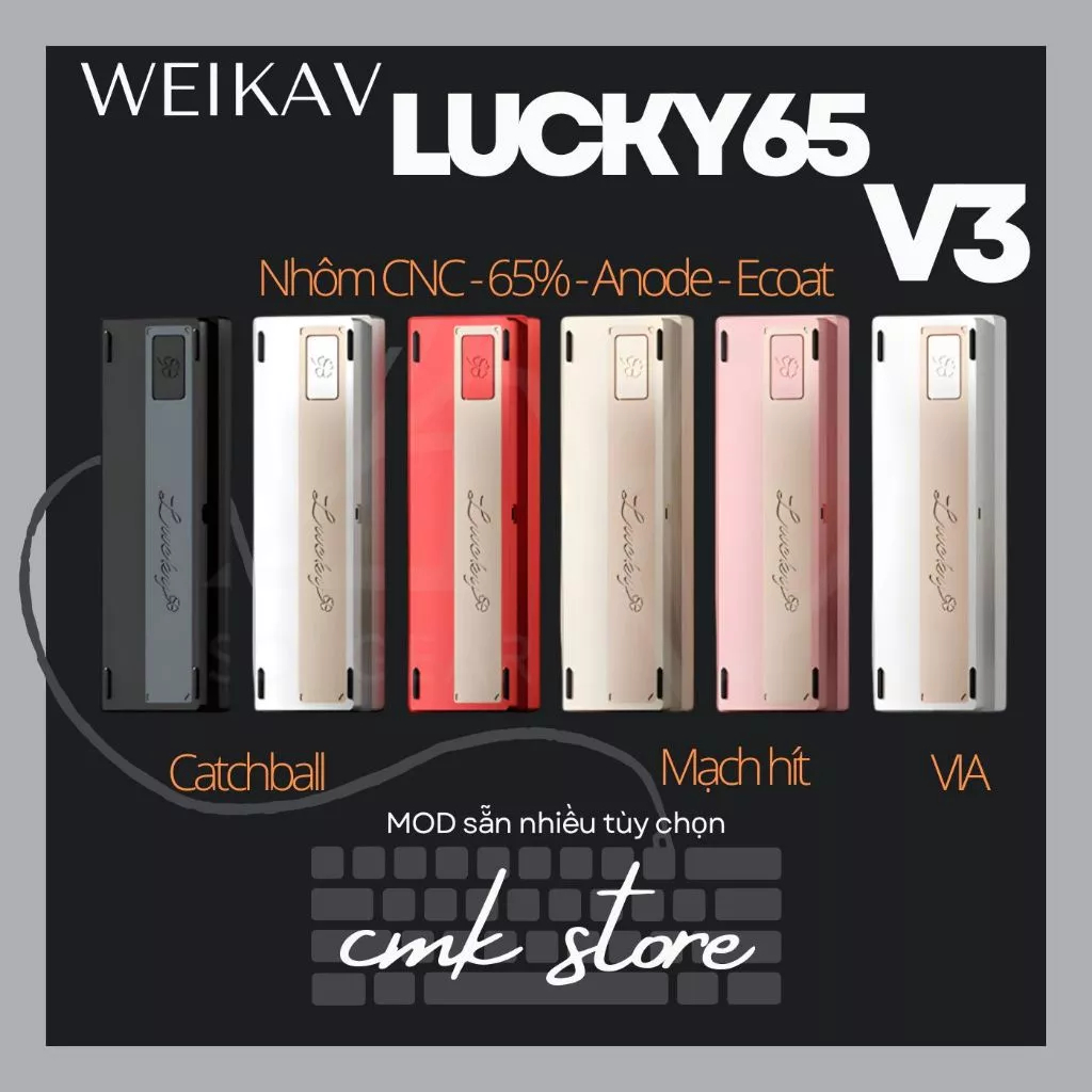 (sẵn tùy màu) Kit Bàn Phím Cơ Custom LUCKY65 V3 - Nhôm CNC - Tạ đáy - 3 mode - Led RGB - QMK/VIA - C
