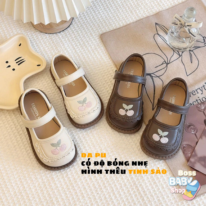 Giày búp bê cho bé gái 2-7 tuổi đế mềm chống trơn trượt quai dán thêu 3D hình quả (813)