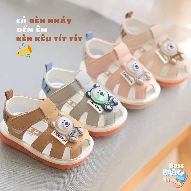  Dép Sandal Tập Đi Cho Bé 0-2 Tuổi Có Kèn Họa Tiết Gấu Phát Sáng Đế Mềm Siêu Êm   MK77   