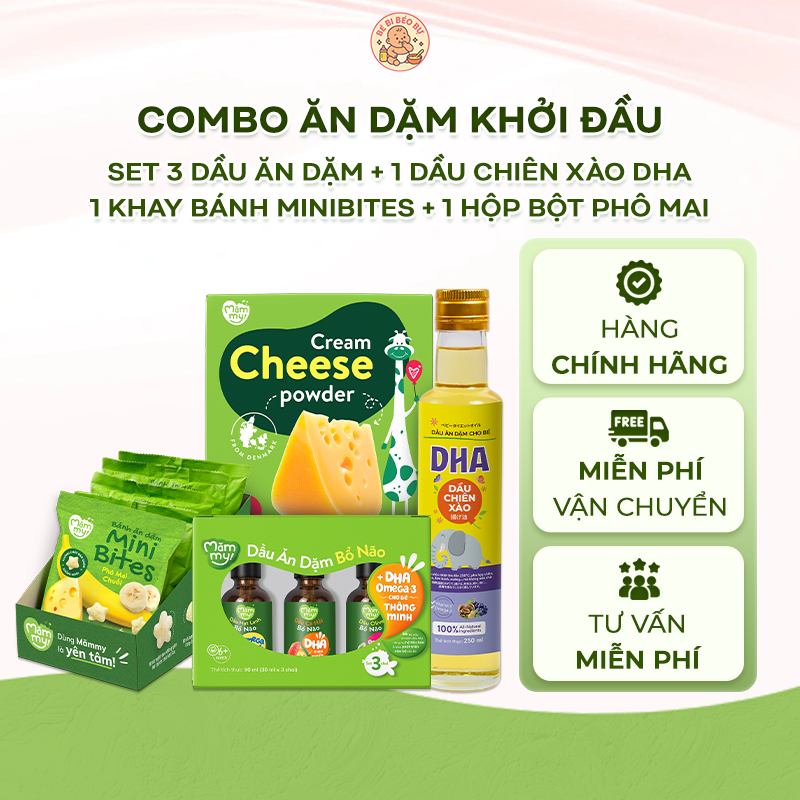 Combo ăn dặm khởi đầu Mămmy gồm dầu set 3 ăn dặm ặn dặm, dầu chiên xào DHA, khay bánh minibites & hộ