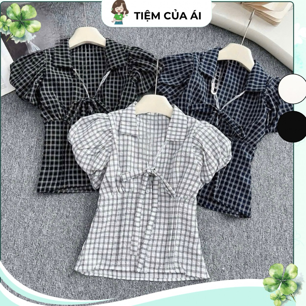 Áo Sơmi Nữ Tay Bồng Ngắn Cổ V Viền Ren Có Nơ Buộc Hoạ Tiết Caro