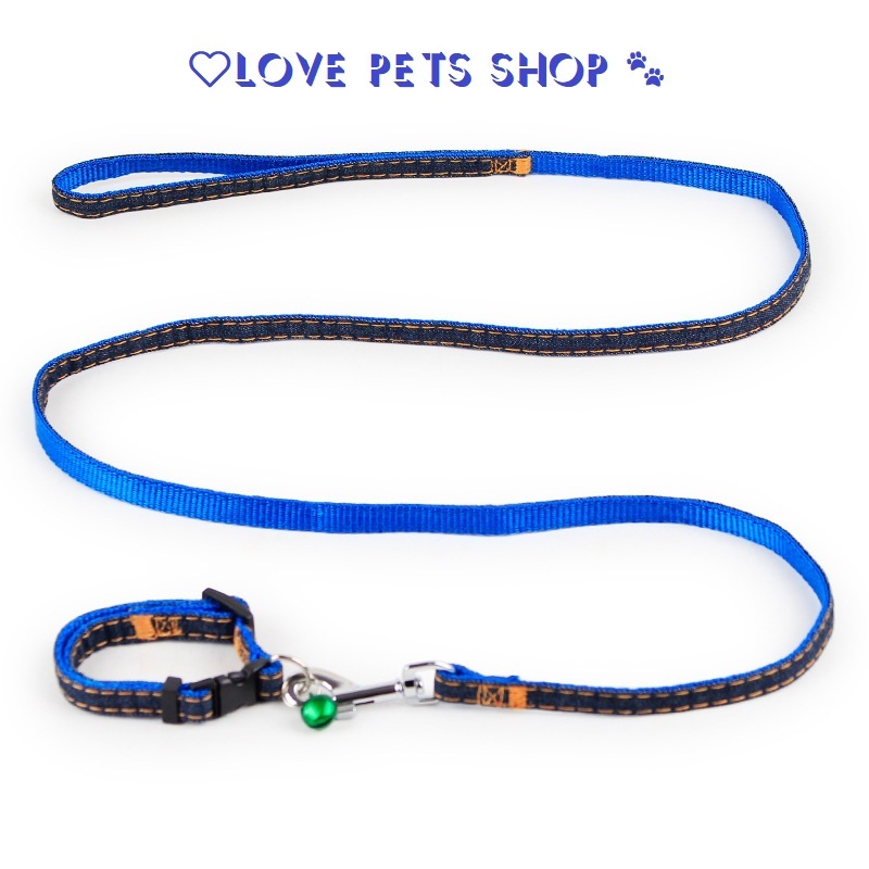 Bộ dây dắt chó mèo kèm vòng cổ jean 2 lớp gắn chuông lục lạc 1.2cm - Love Pets Shop