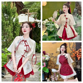  Set váy nữ thiết kế đi chơi tết,Xuân áo gấm tơ cổ tàu nút mây tay loe peplum xẻ tà+dây tua rua phối chân váy tầng 