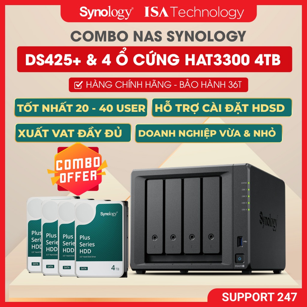 [COMBO] Nas Synology ds425+ kèm 4 ổ cứng Synology HAT 3300 4TB thiết bị lưu trữ mạng chính hãng