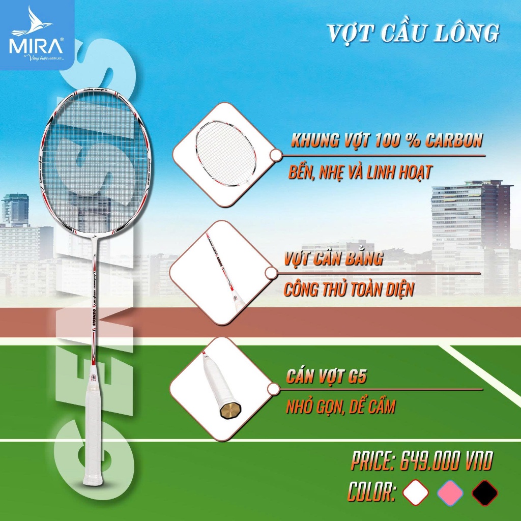 Bộ Vợt Cầu Lông MIRA GENESIS Cầm Chắc Tay, Chất Liệu Cao Cấp Siêu Bền (Vợt, Túi, Quấn cán)