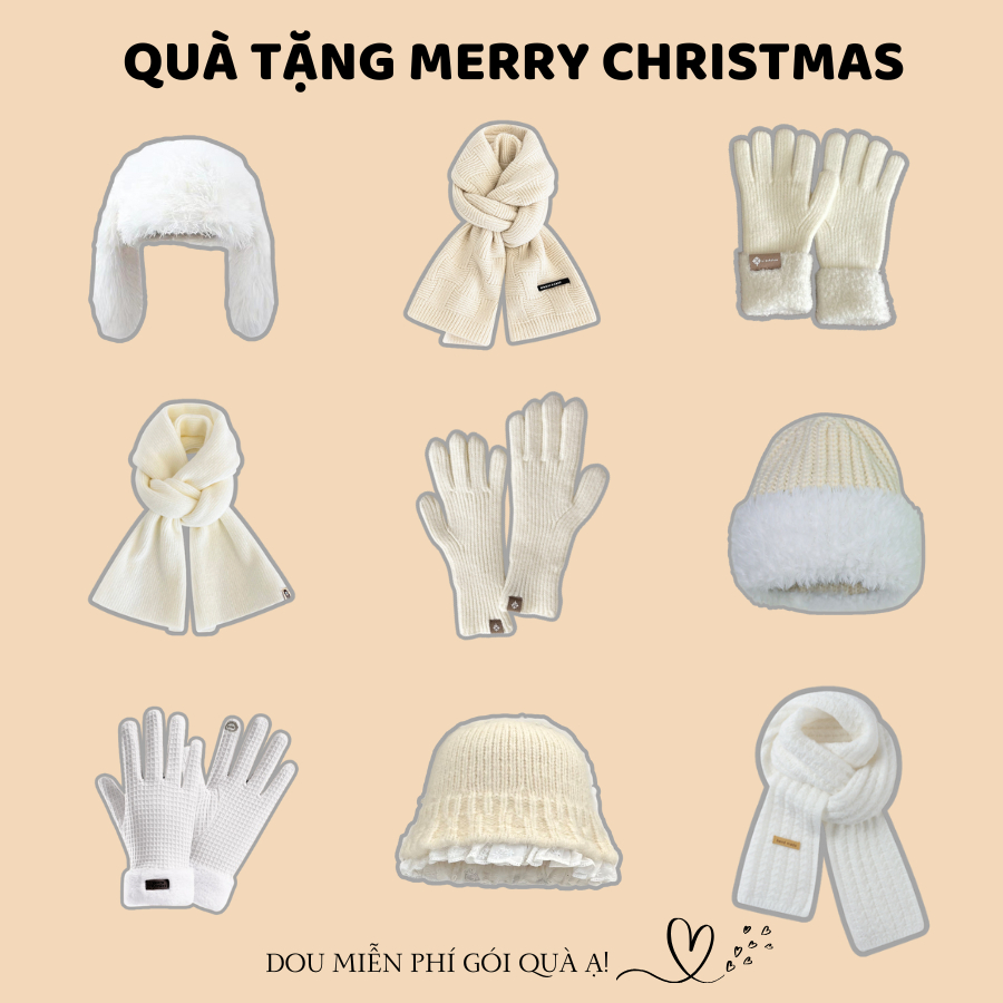  Combo Khăn Len Cashmere Quàng Cổ Găng Tay Và Mũ Len Tone Trắng Be Nhẹ Nhàng QUÀ TẶNG MERRY CHRISTMAS - Mã TH003 