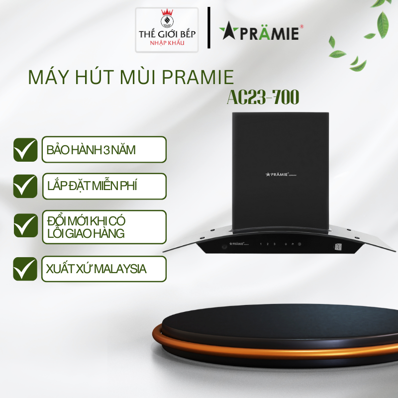 Máy hút mùi kính cong Pramie AC23-700 – Công suất 1200m³/h – Cảm ứng Và Vẫy tay – Hẹn giờ – Đèn LED