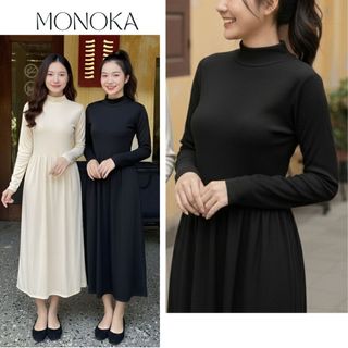  Váy len tăm cổ cao 3 cm dáng xòe dài Đầm nữ dài tay thu đông basic thanh lịch đen be maxi bigsize bầu xinh trẻ T489G 