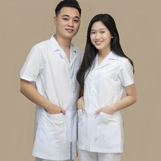  Áo y tá trắng thân ngắn tay cộc quần áo blu trắng dược sĩ dáng ngắn qua hông cho điều dưỡng y tá bác sỹ,spa 