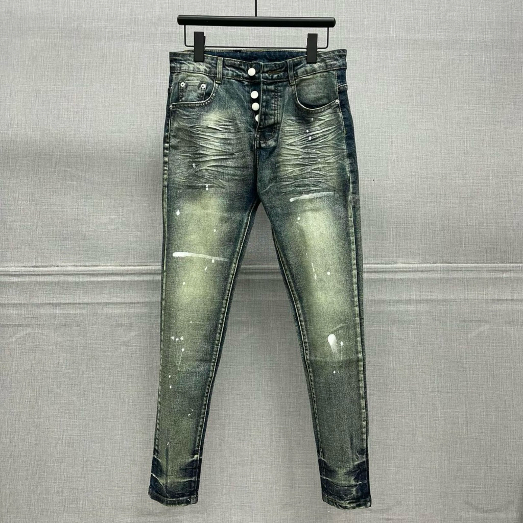 Quần jean purple xanh wash màu vàng rêu,quần bò purple chấm sơn 4 cúc không rách basic