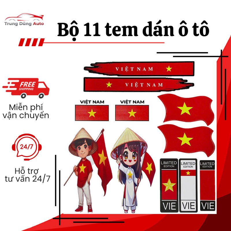 Bộ 11 tem cờ dán ô tô, xe máy, tem decal dán trang trí ô tô, xe máy