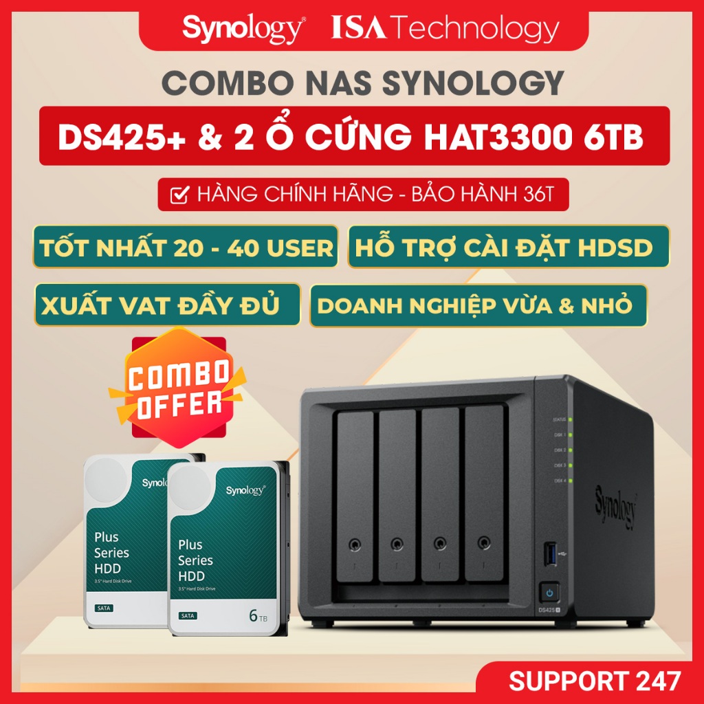 [COMBO] Nas Synology ds425+ kèm 2 ổ cứng Synology HAT 3300 6TB thiết bị lưu trữ mạng chính hãng