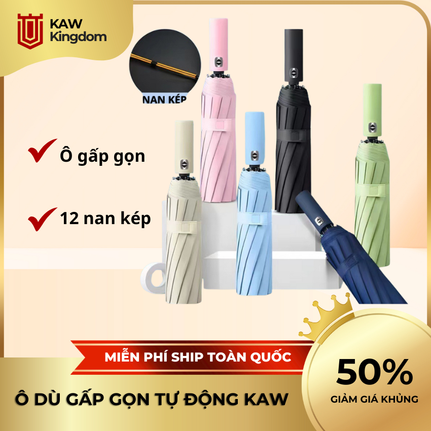 Ô dù gấp gọn tự động 12 nan kép KAW KINGDOM chống gió, che mưa, tán rộng dùng 1-2 người