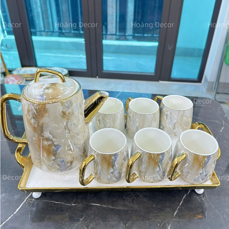 Bộ Ấm Chén Sứ Vân Đá Ceramic Size Ấm 1Lit, Size Cốc 300ml, Bộ Trà Vân Đá