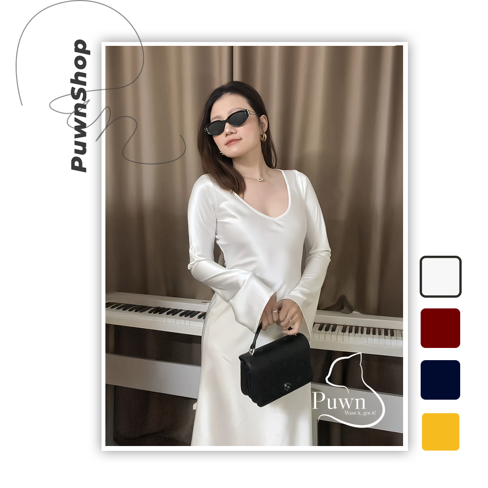 Váy lụa cổ tim dài tay phối dây buộc thanh lịch có khóa sườn Mimosa Silk Dress - Puwn Shop