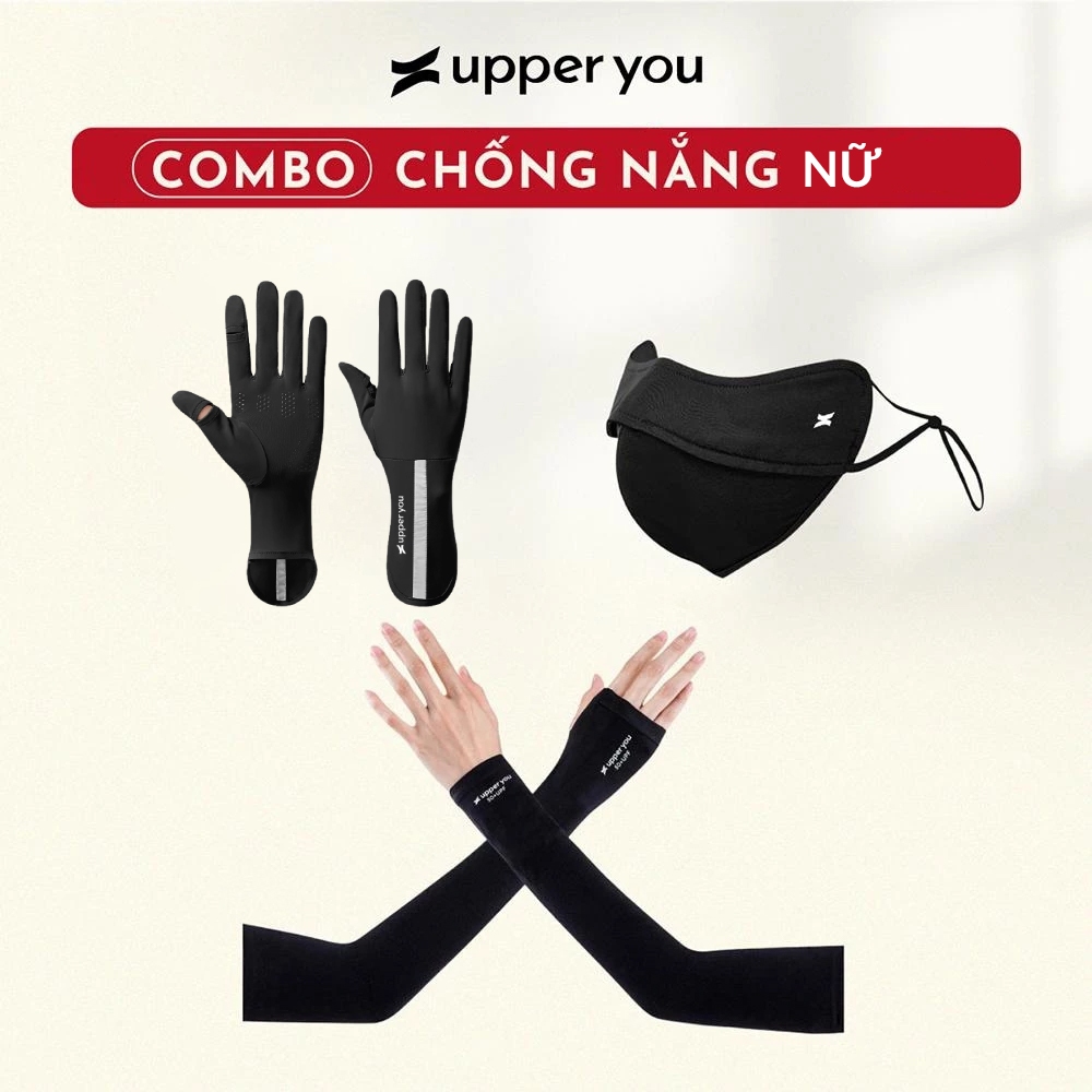 Combo Chống Nắng Nữ UPF UPPER YOU Khẩu Trang, Găng Tay Chống Nắng, Bao Tay Lái Xe,Thun Lạnh Co Giãn 