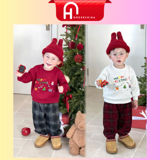  Set áo nỉ 2 da Merry Christmas đỏ ghi mix quần kẻ umi mềm mại cho bé - HNOrderChina 