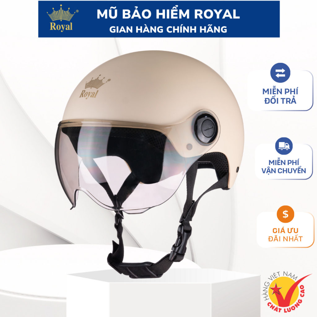 Royal M162K Mũ Bảo Hiểm Royal Nửa Đầu Có Kính Chính Hãng, Nón Bảo Hiểm Nam Nữ L/XL Bảo Hành 12 Tháng
