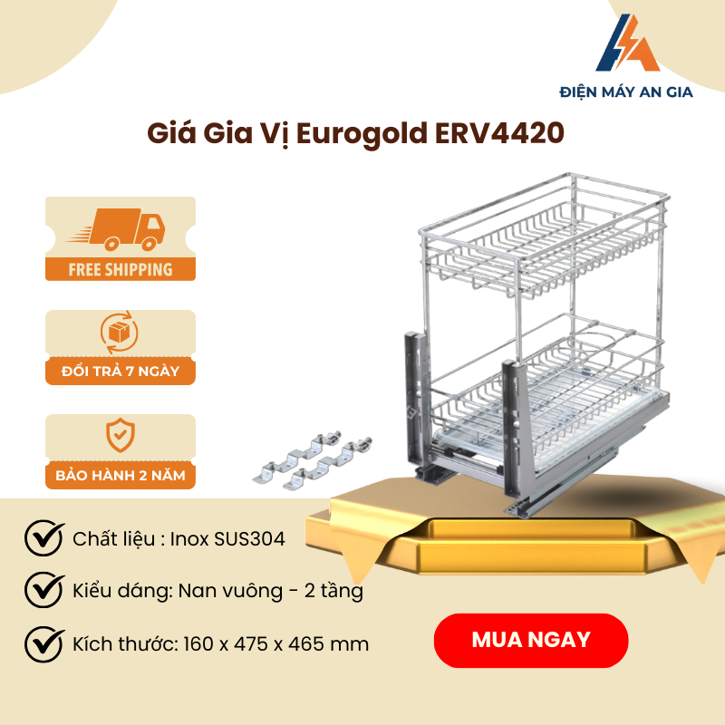 Giá Gia Vị Eurogold ERV4420VX – Chất Liệu Inox 304, Nan Vuông Cho Tủ Bếp Dưới, Tiện Lợi – PEB