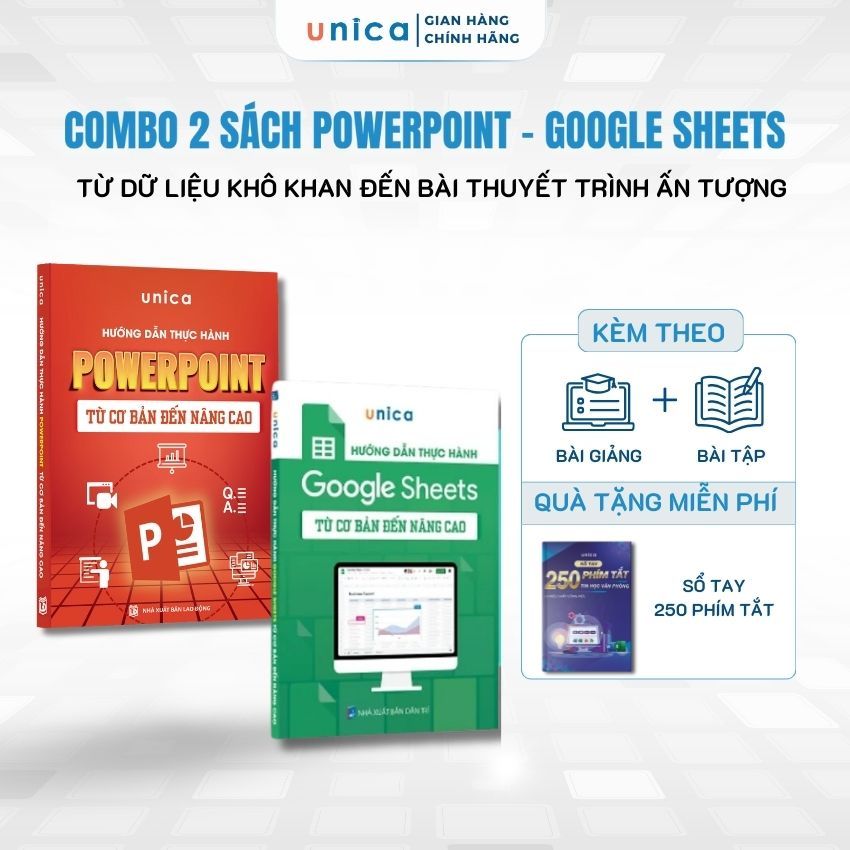 Combo 2 Sách PowerPoint - Google Sheets thành thạo tin học văn phòng Unica kèm video bài giảng