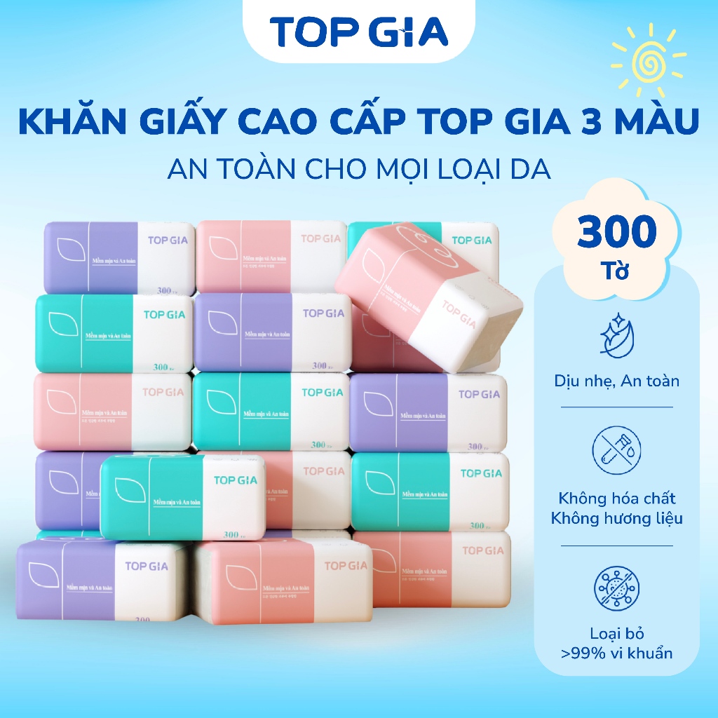 Giấy Ăn Top Gia 3 Màu, Gói 300 Tờ 4 Lớp, Không Gây Kích Ứng Da An Toàn Cho Sức Khỏe