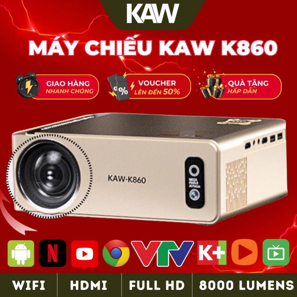 Máy Chiếu Mini KAW K860 Độ Sáng Cao, Hình Ảnh Sắc Nét, Full HD, Tự Động Lấy Nét, BH Chính Hãng